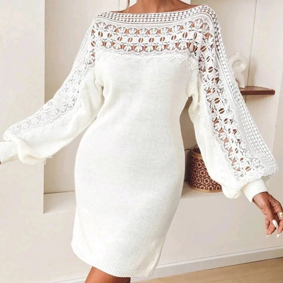 LadSolid Color Hollow-Out Elegant Lace Knit Sweater Dress - Picture 6 of 6